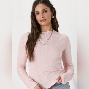 Free People Eyes Wide Open Light Pink Ribbed Long Sleeve Knit Top